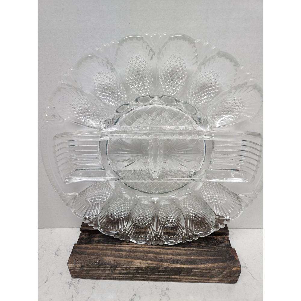 Vtg L.E. Smith Cut Clear Glass Deviled Egg Plate & Relish Tray Pineapple Design
